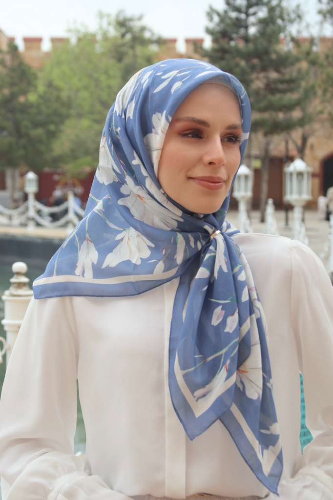 Silk Garden Square Scarf - Denim Blue