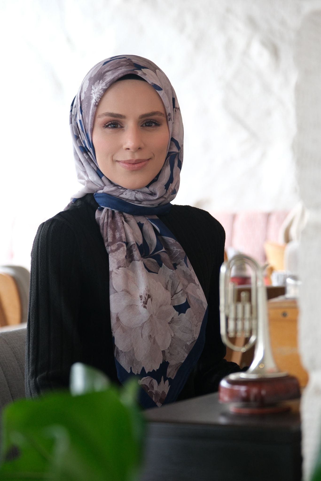 Velvet Bloom Square Scarf - Navy Beige