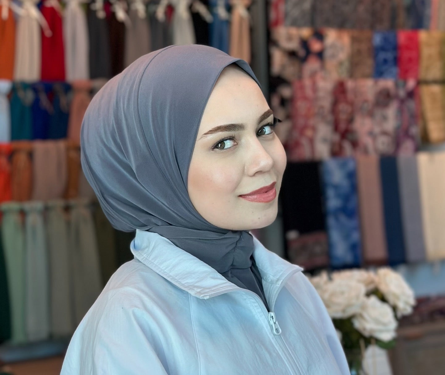 Grey Athletic Hijab – Sports Hijab with Snap Closure | No-Pin Performance Hijab