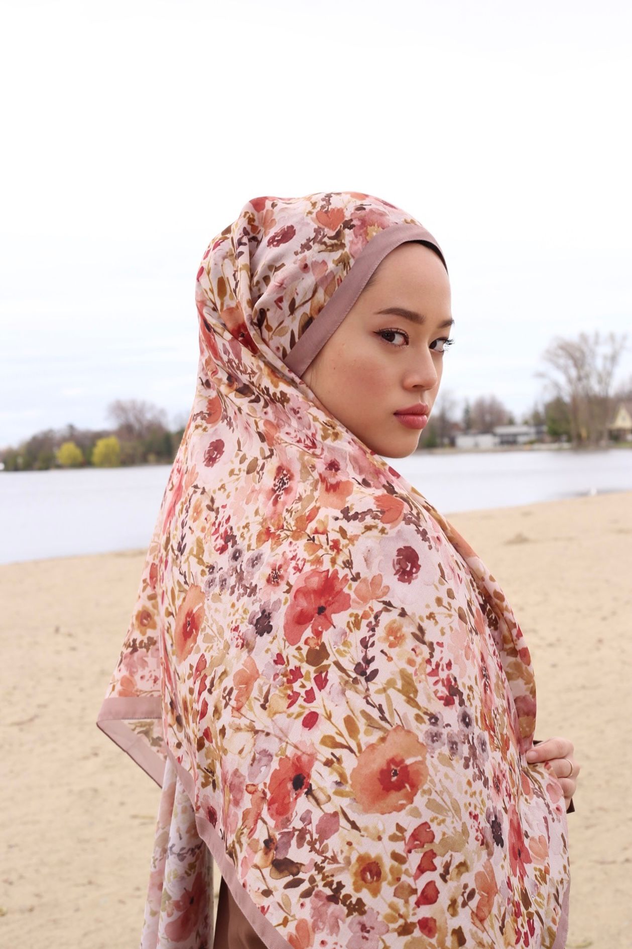 Imported floral printed brown color viscose soft hijab / orna main image 0