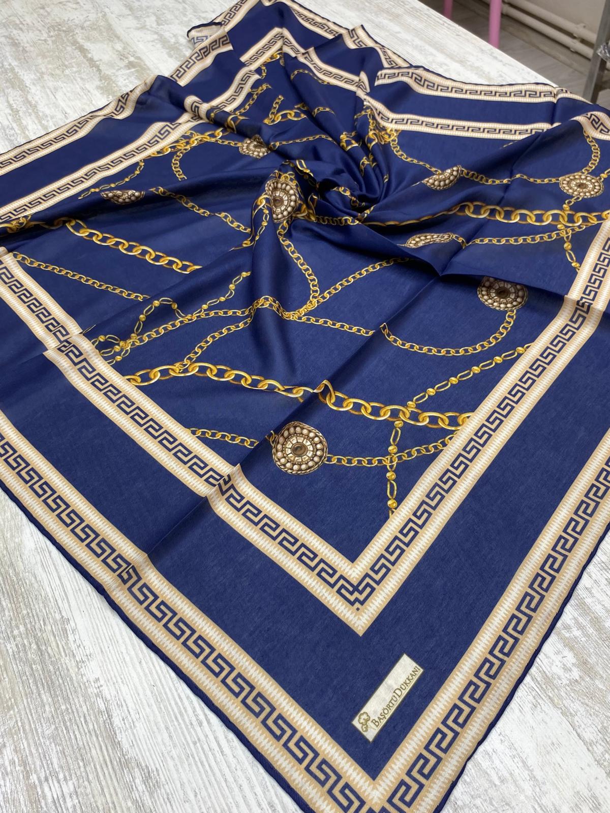 Chain Pattern Square Scarf - Navy Blue