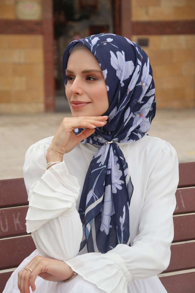Silk Garden Square Scarf - Navy Blue
