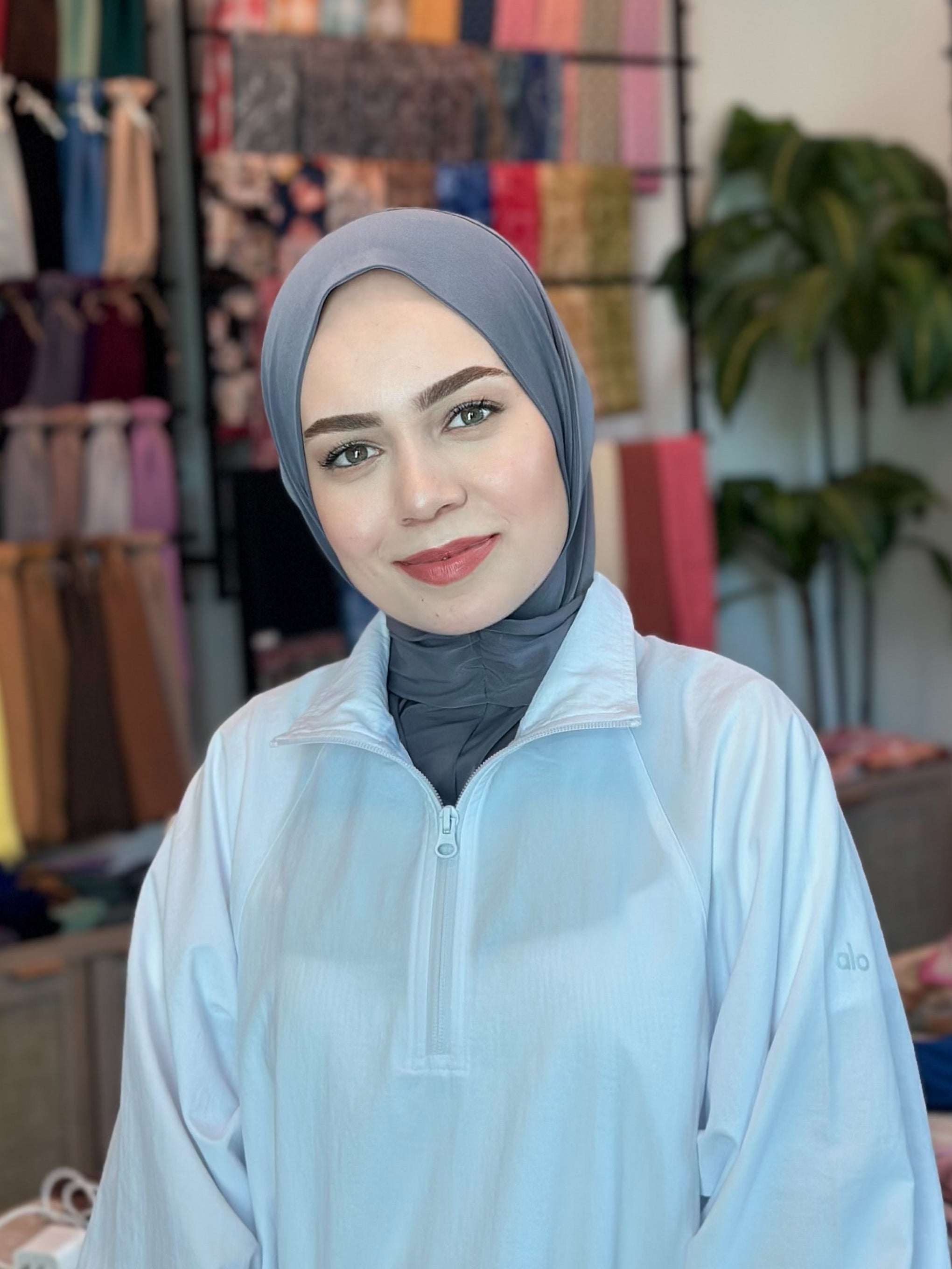 Grey Athletic Hijab – Sports Hijab with Snap Closure | No-Pin Performance Hijab