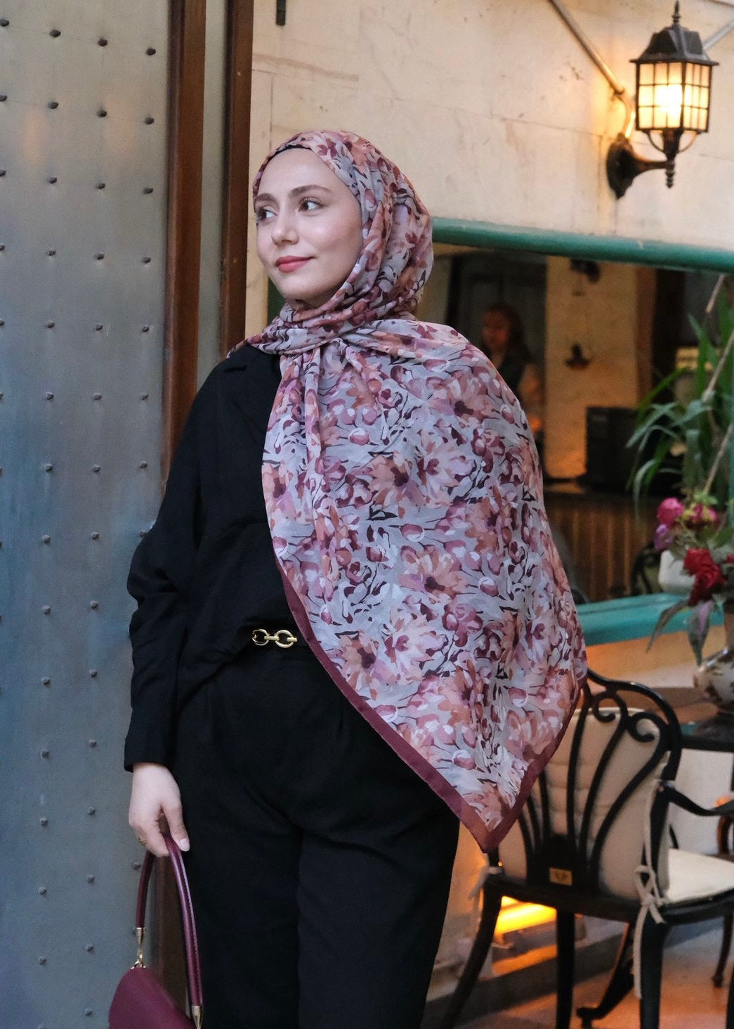 Garden Design Hijab - Burgundy Gray