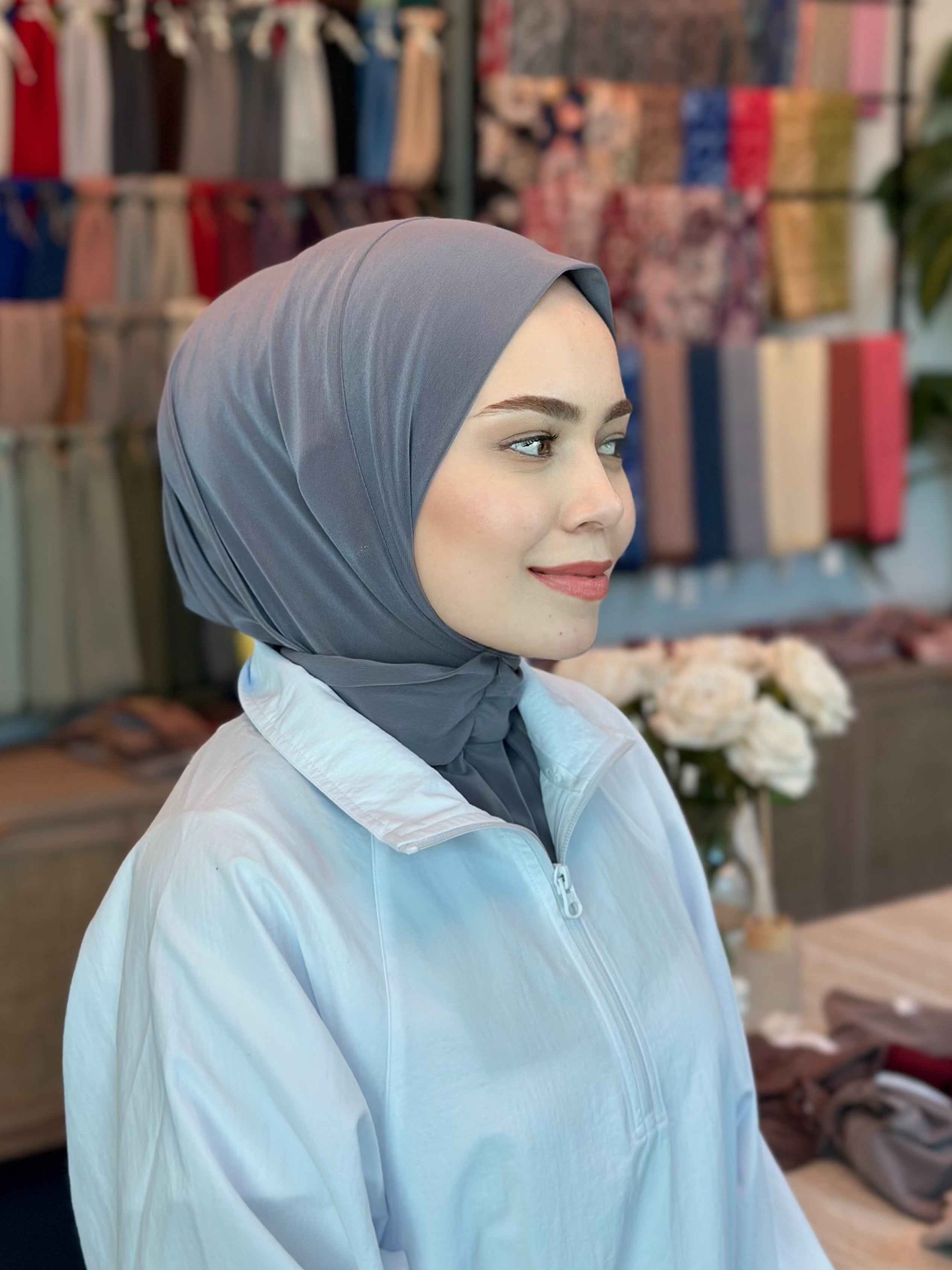 Grey Athletic Hijab – Sports Hijab with Snap Closure | No-Pin Performance Hijab