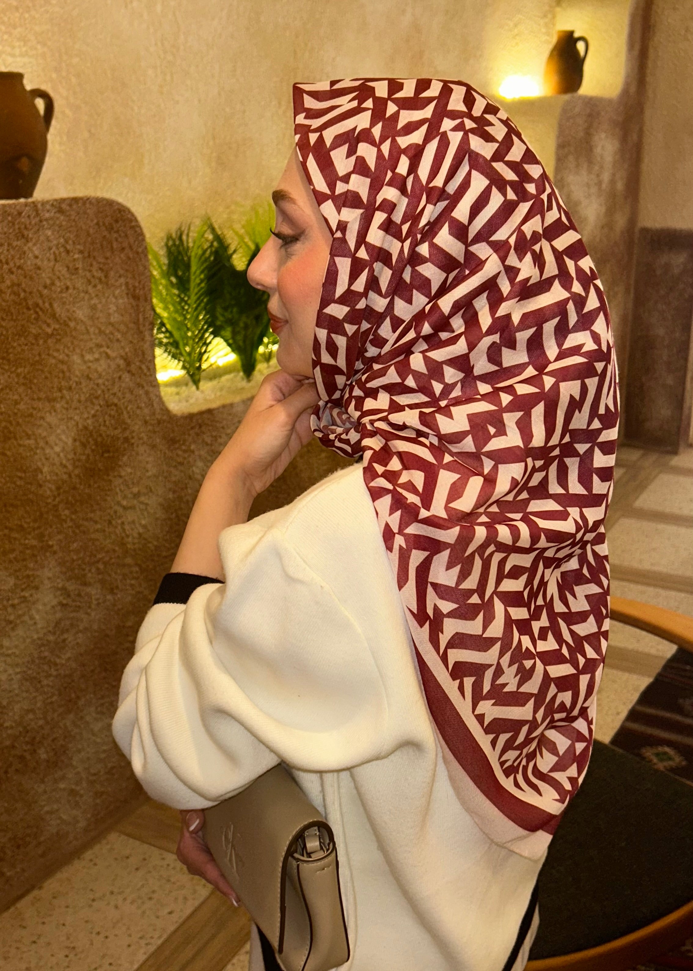 Geometric Aura Square Scarf - Burgundy