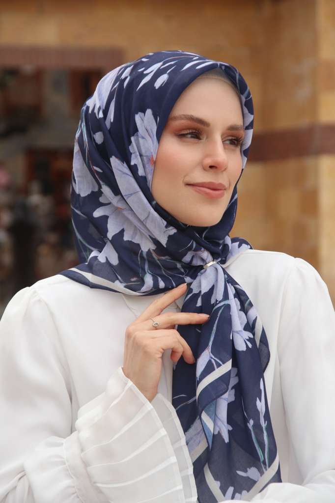 Silk Garden Square Scarf - Navy Blue