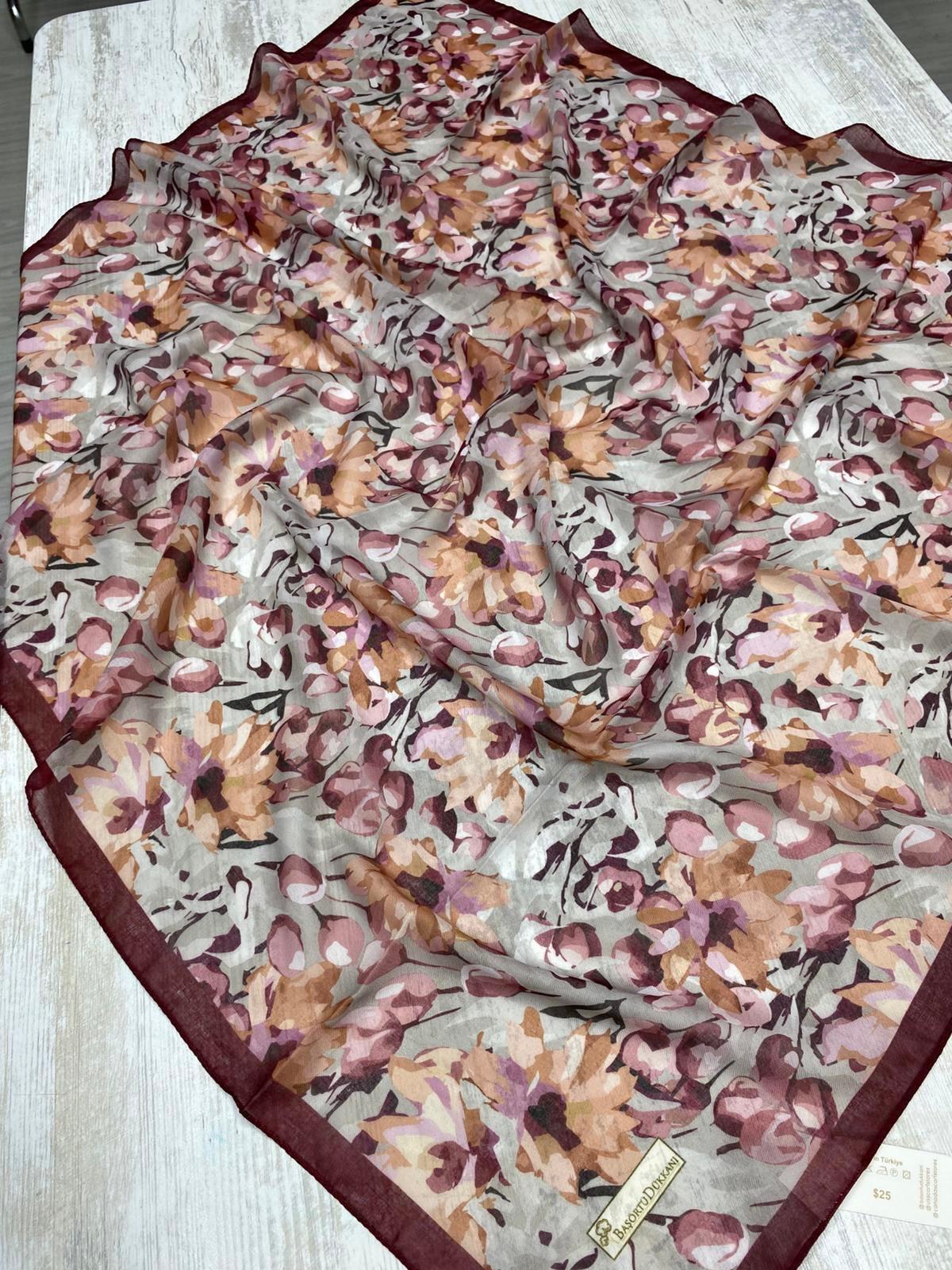 Garden Design Square Scarf - Burgundy Gray