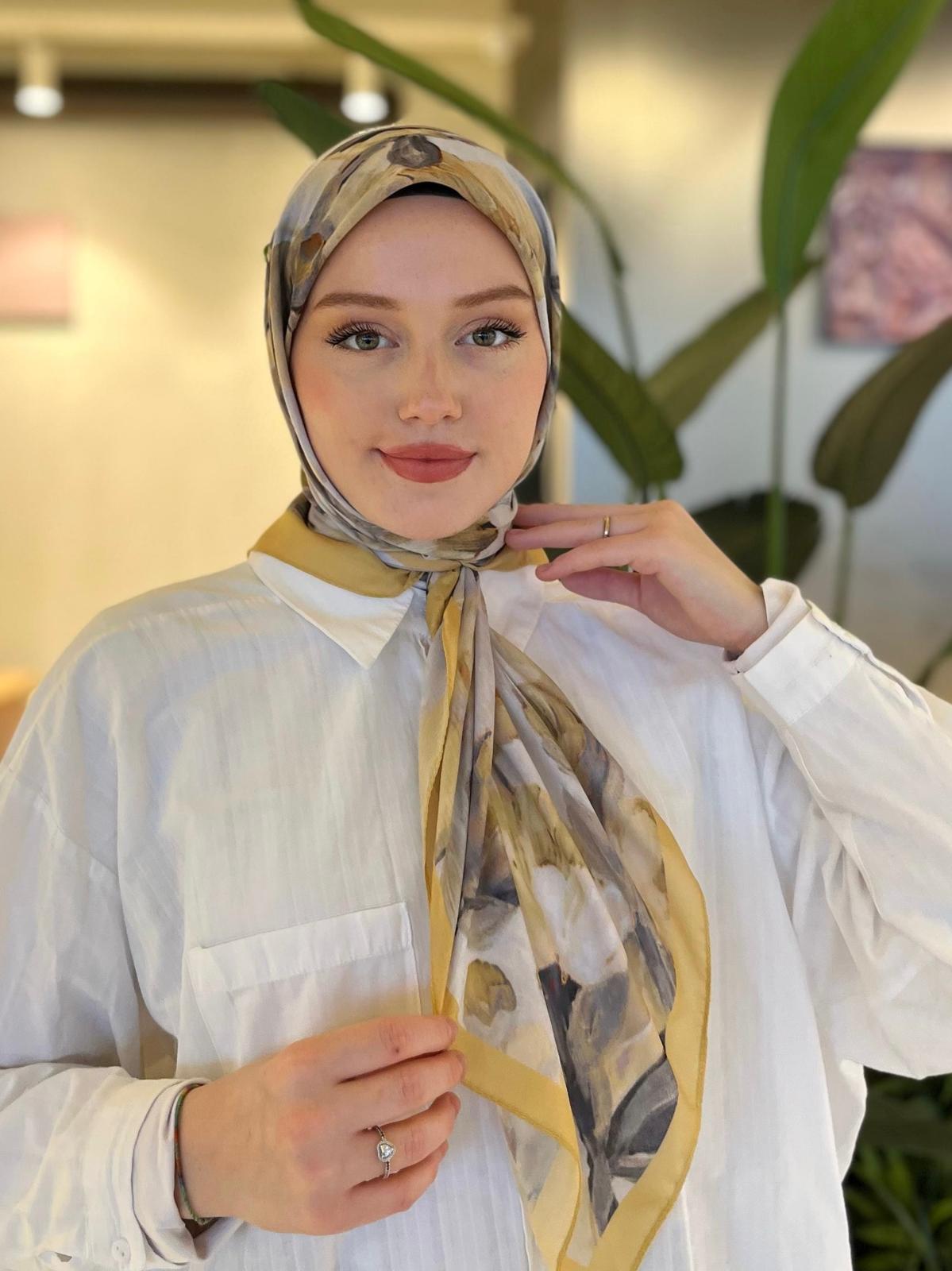 Floral Brush Square Scarf - Mustard