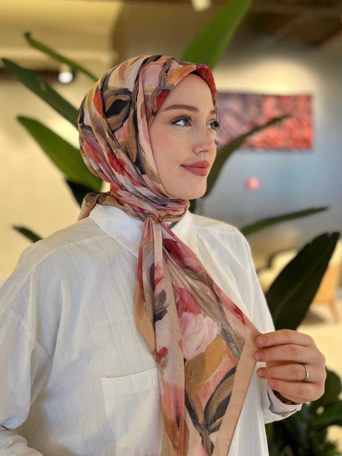 Floral Brush Square Scarf - Latte