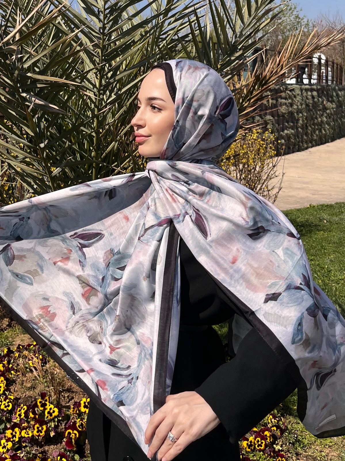 Floral Brush Hijab - Black Grey