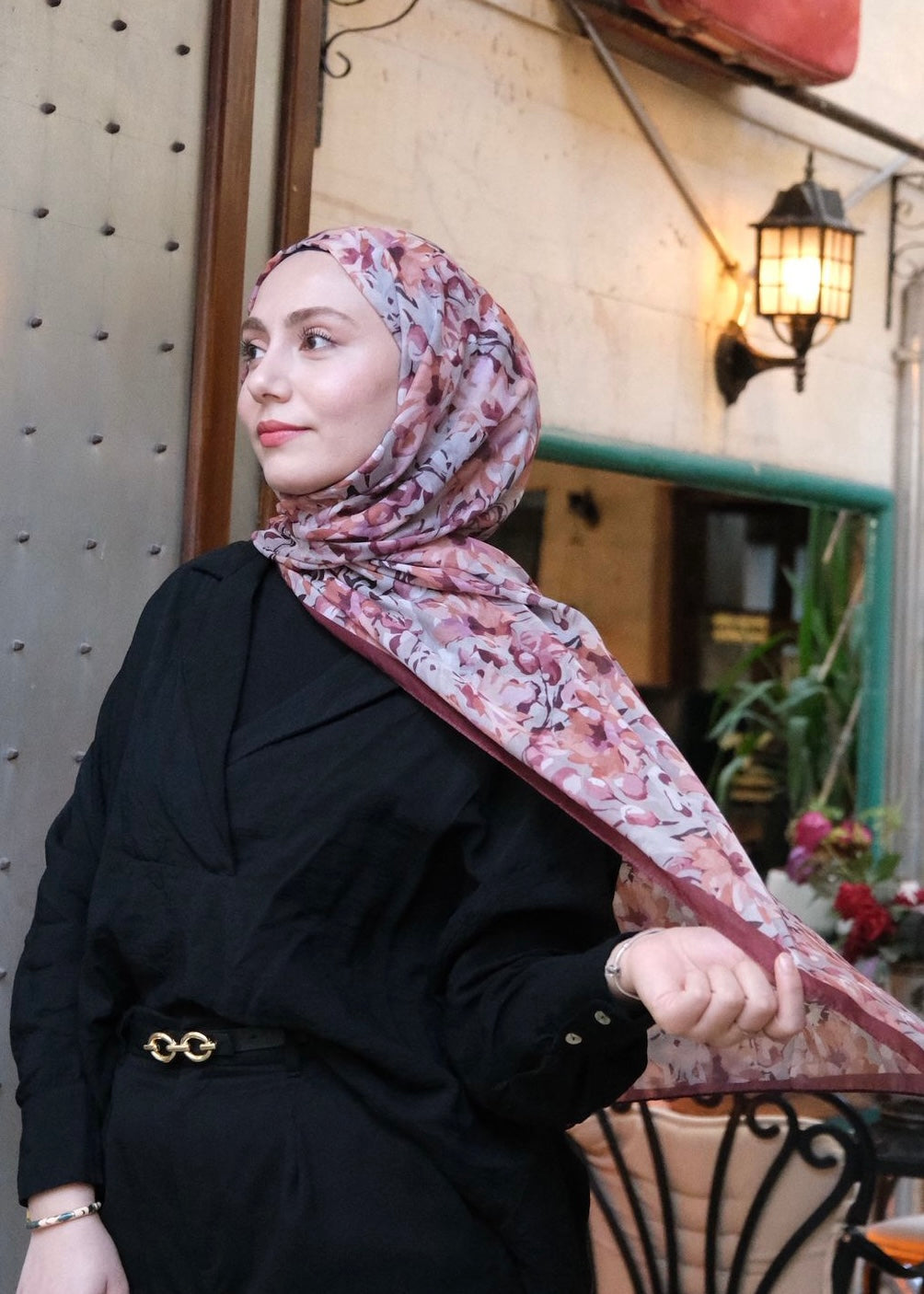 Garden Design Hijab - Burgundy Gray