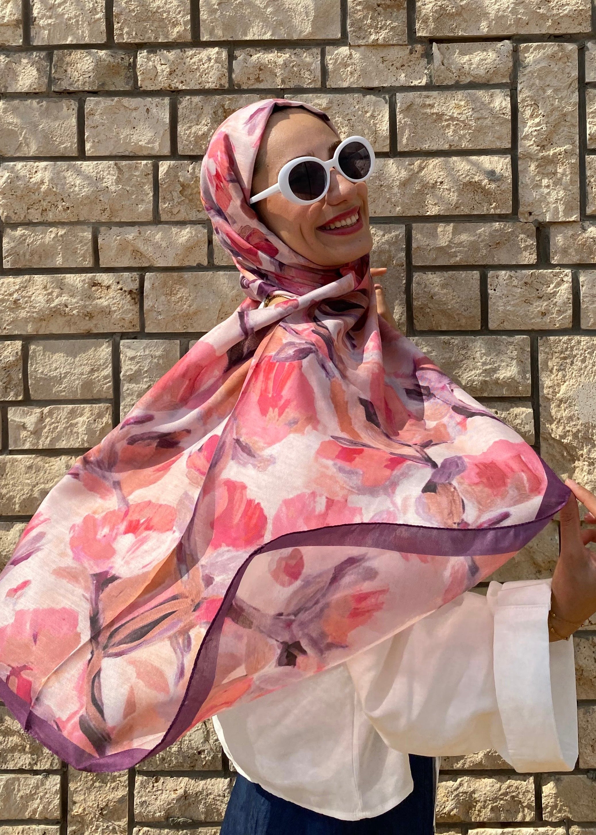 Floral Brush Hijab - Purple Pink