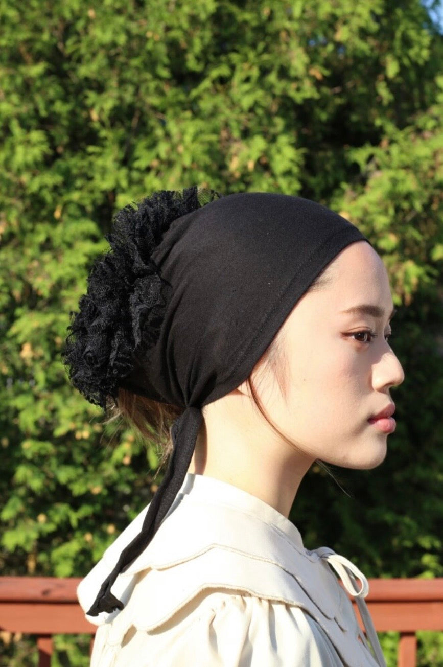 Ruffled Hijab Bonnet- Black