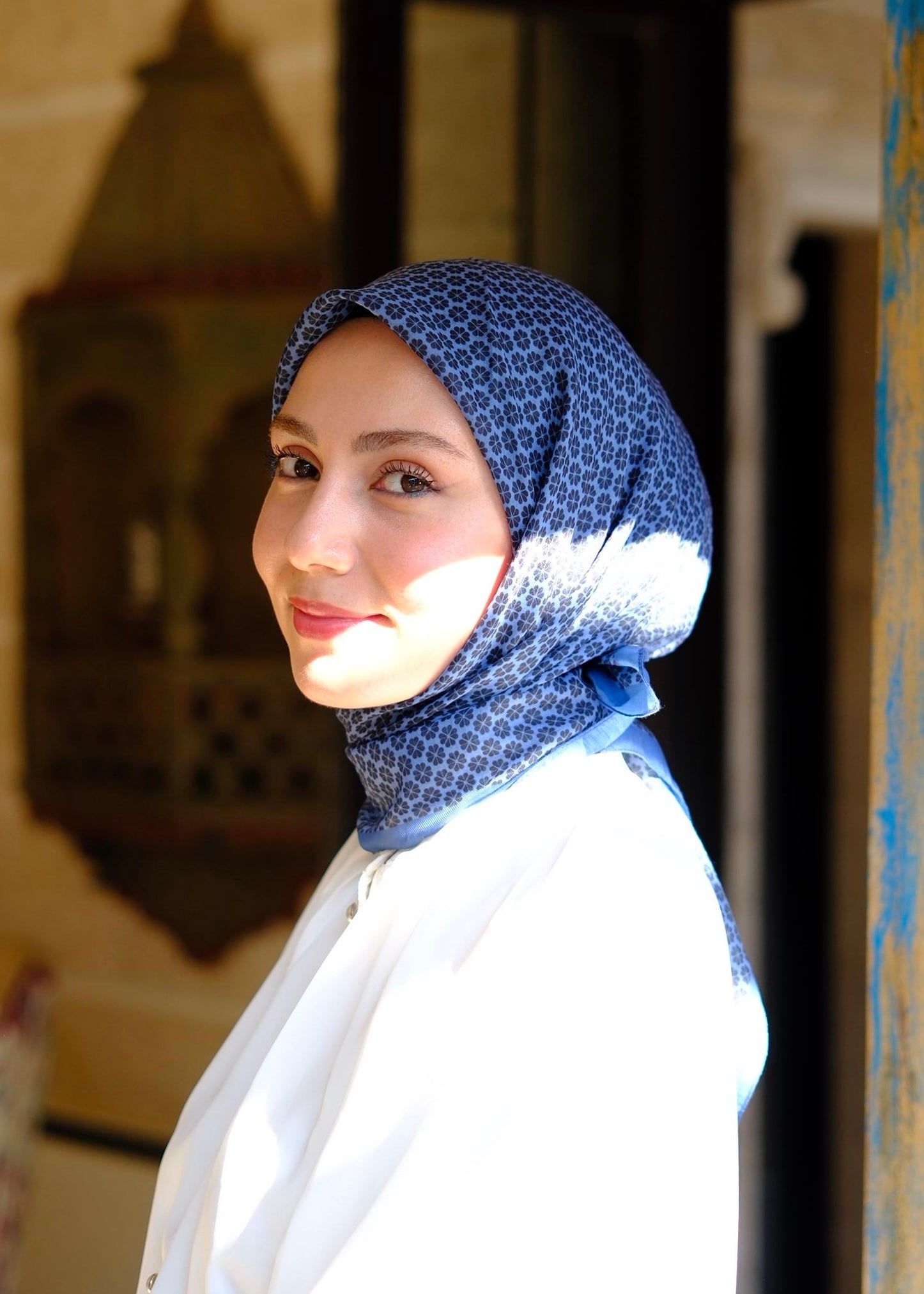 Clover Pattern Square Scarf - Denim Blue