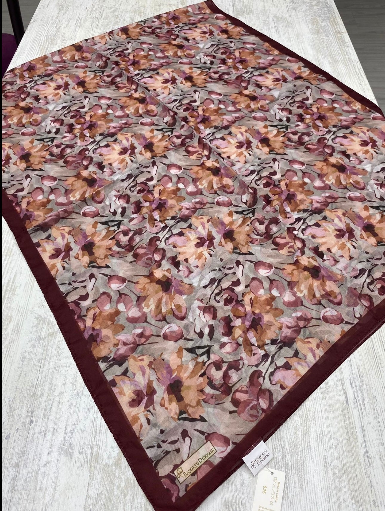 Garden Design Hijab - Burgundy Gray