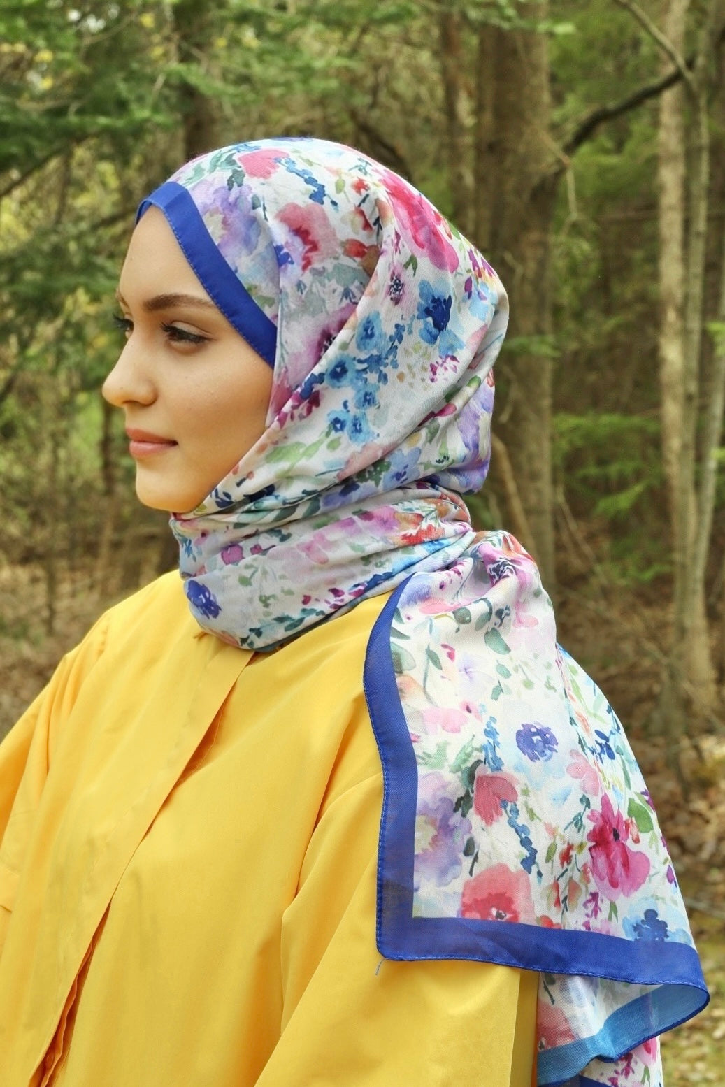 Watercolor Floral Hijab - Royal Blue