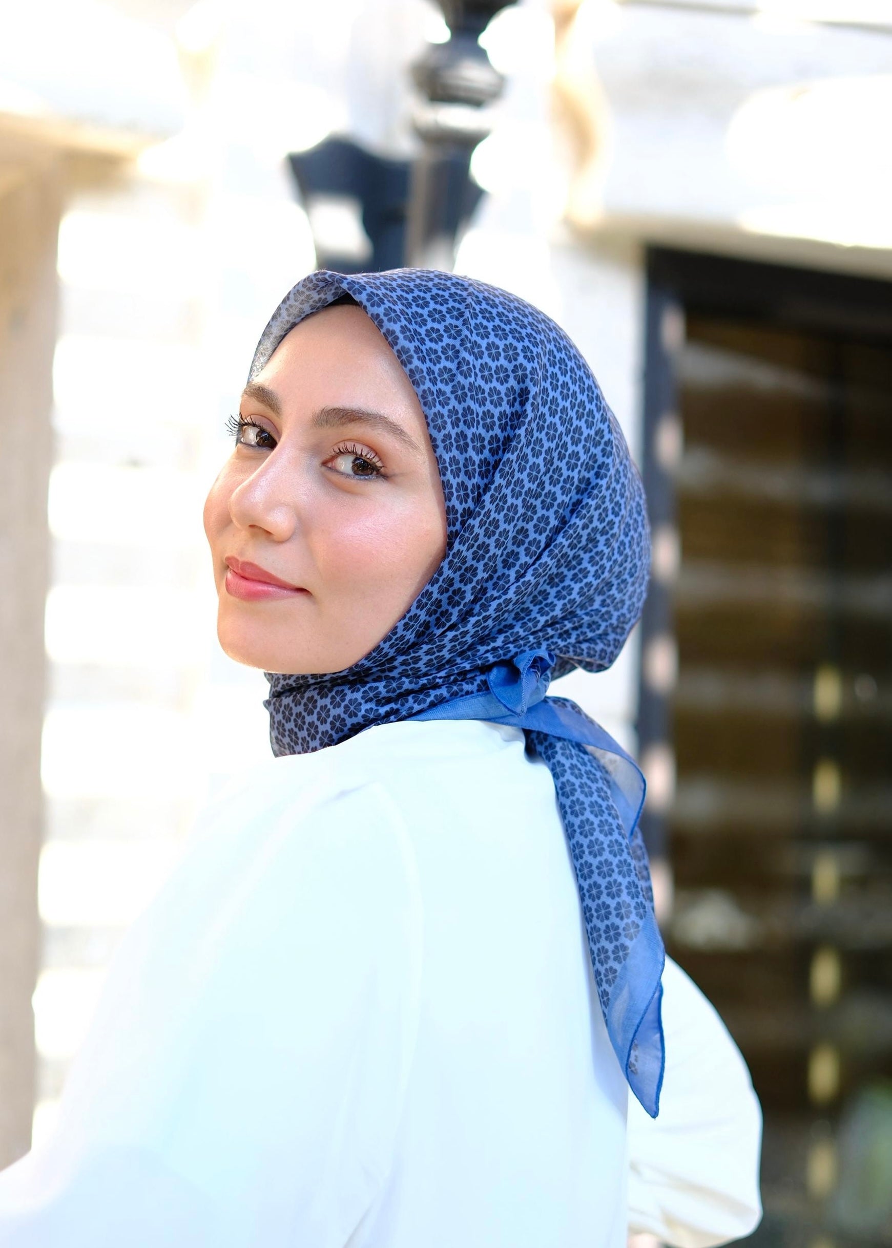 Clover Pattern Square Scarf - Denim Blue