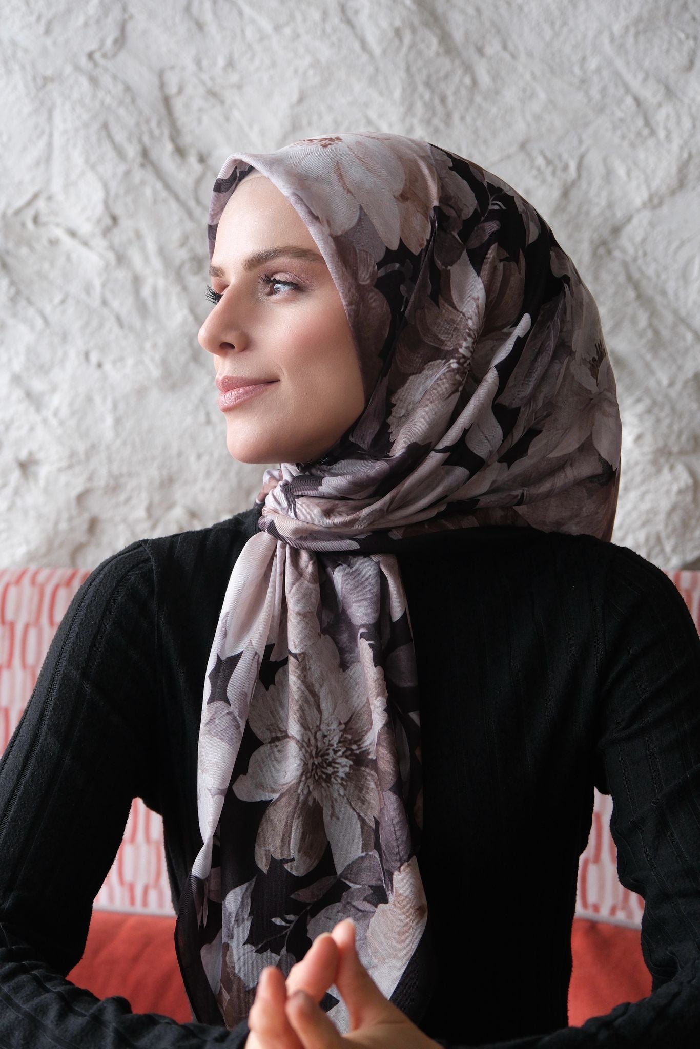 Velvet Bloom Square Scarf - Black Beige