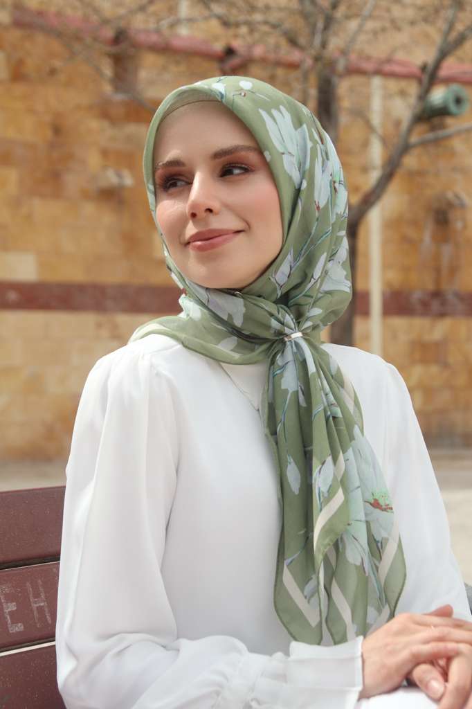 Silk Garden Square Scarf - Olive Green