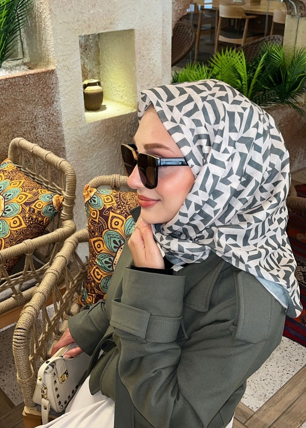 Geometric Aura Square Scarf - Sage Green