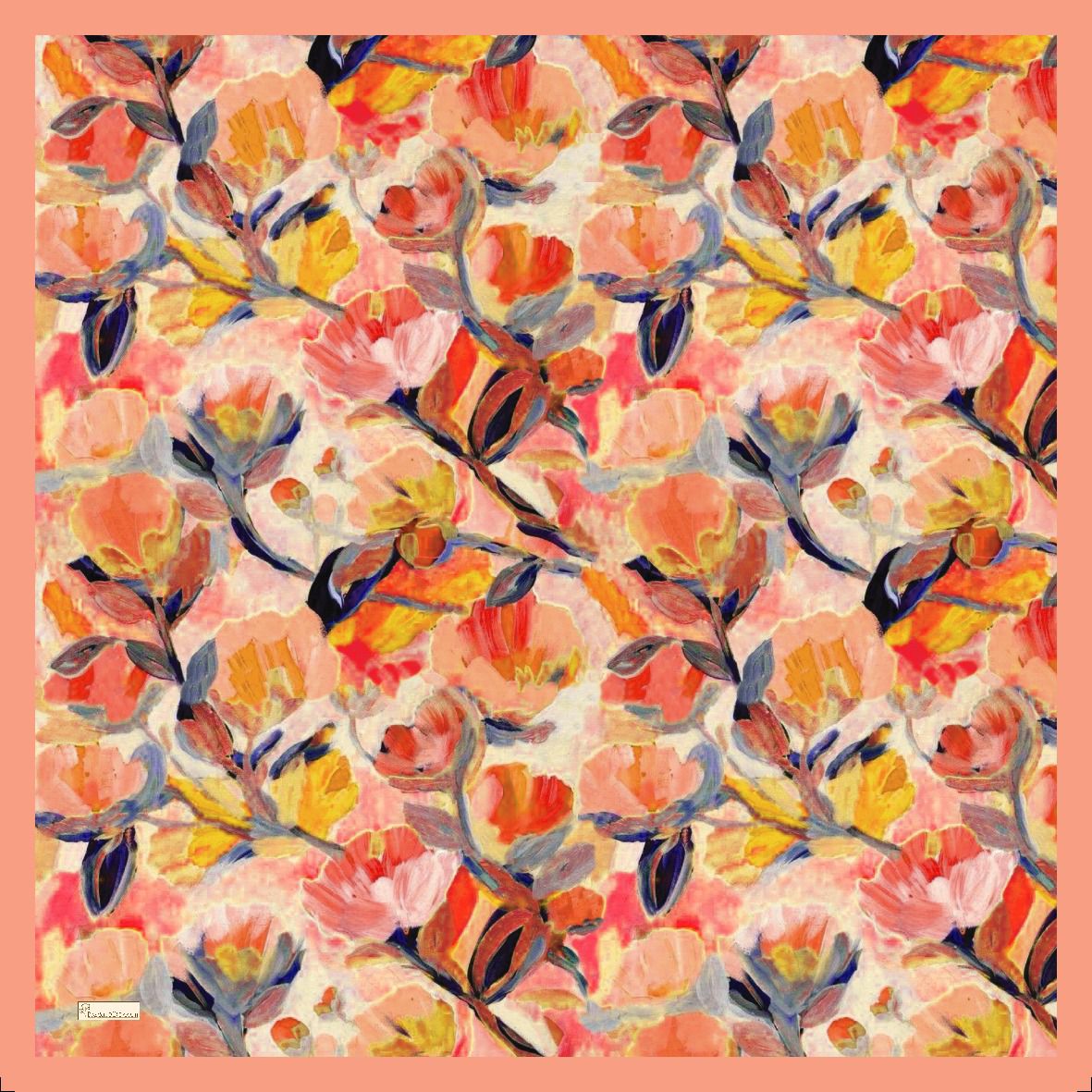 Floral Brush Square Scarf - Cantaloupe