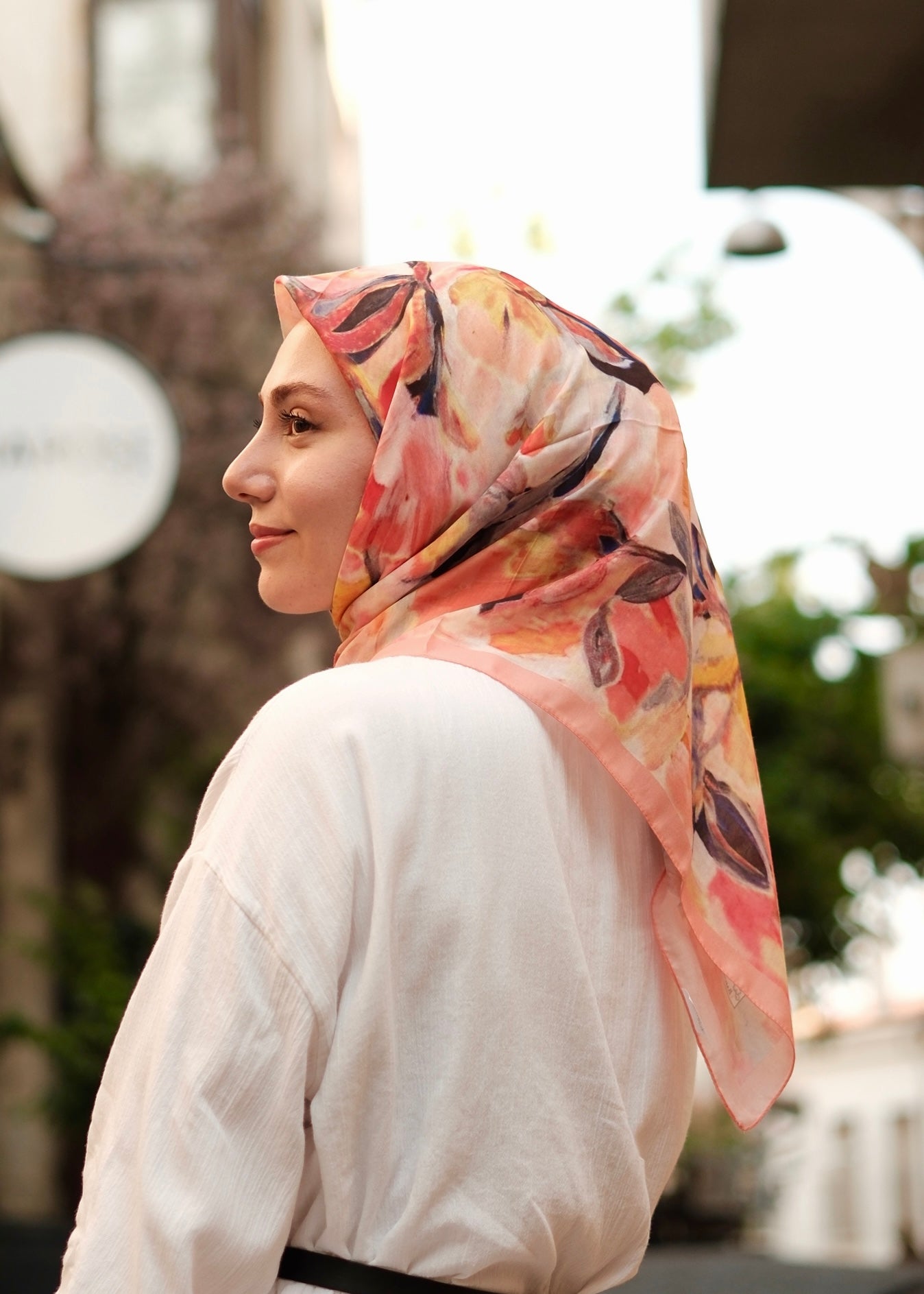Floral Brush Square Scarf - Cantaloupe