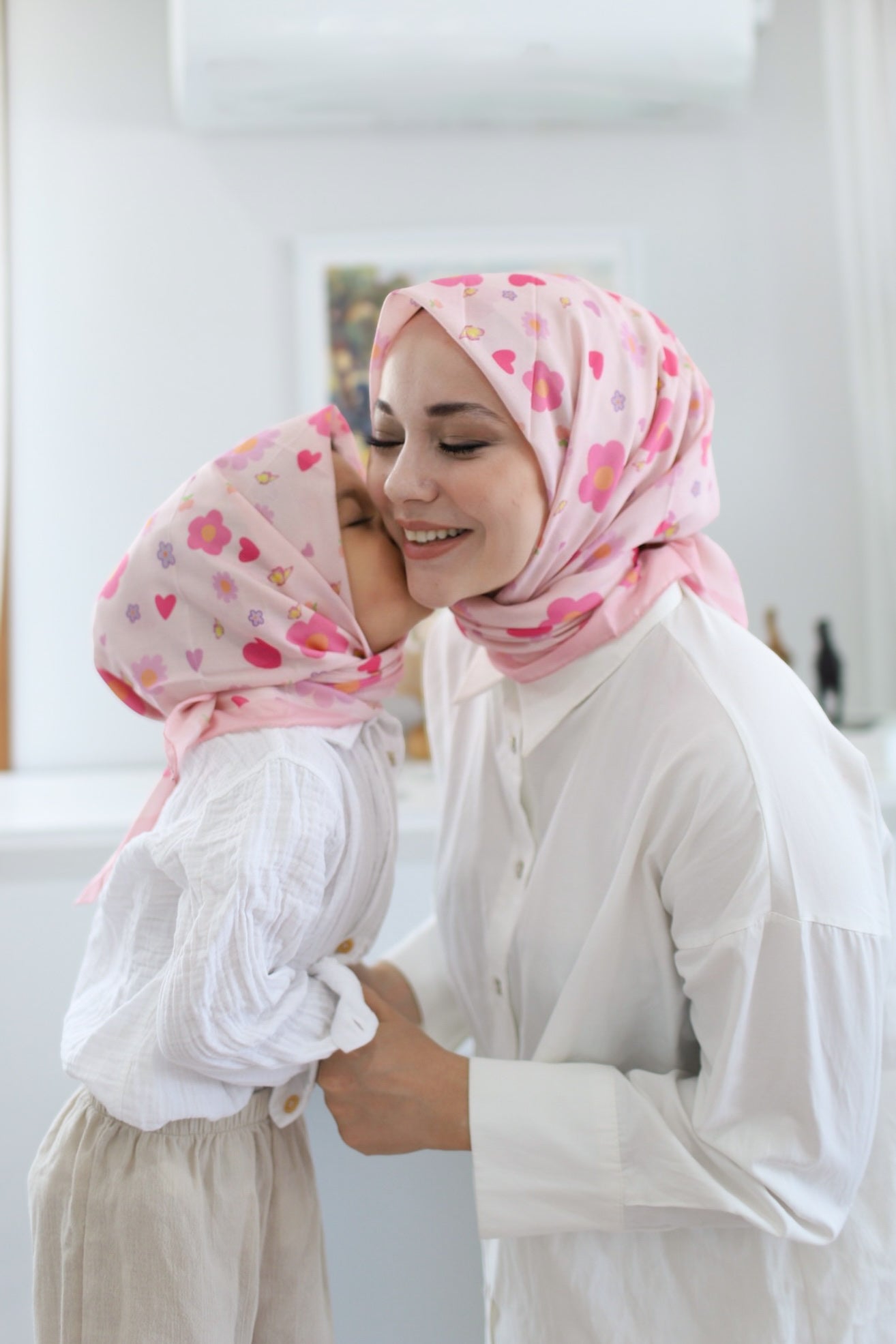 Mom & Kids Square Scarf - Pink Flower