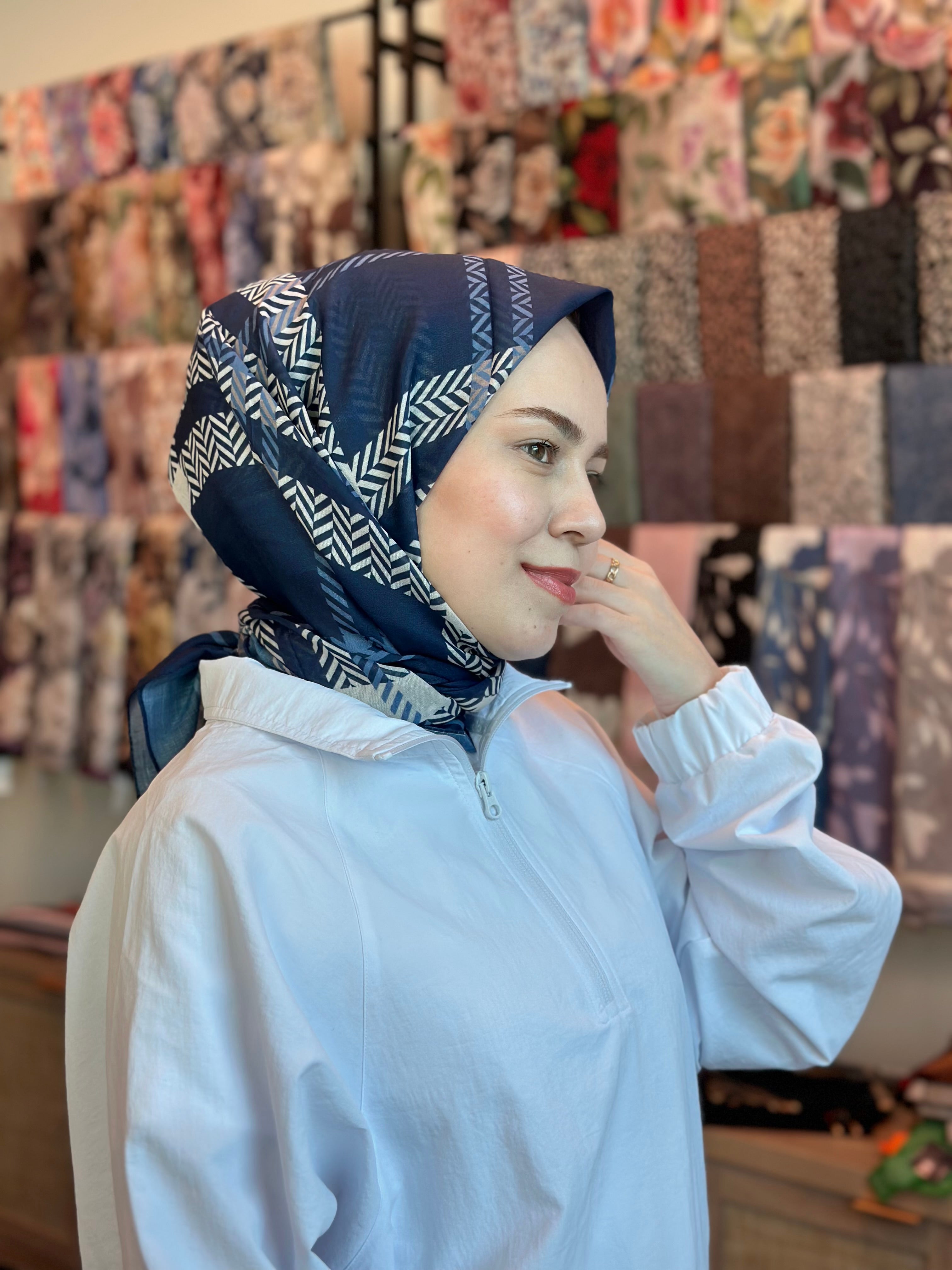 Plaid Square Scarf - Navy