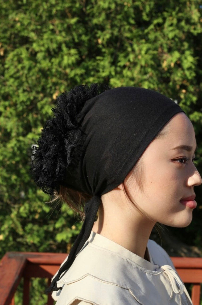 Ruffled Hijab Bonnet- Black