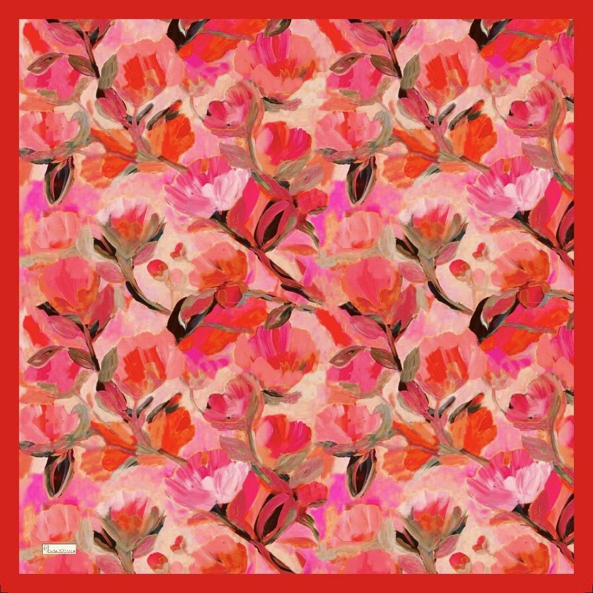 Floral Brush Square Scarf - Red
