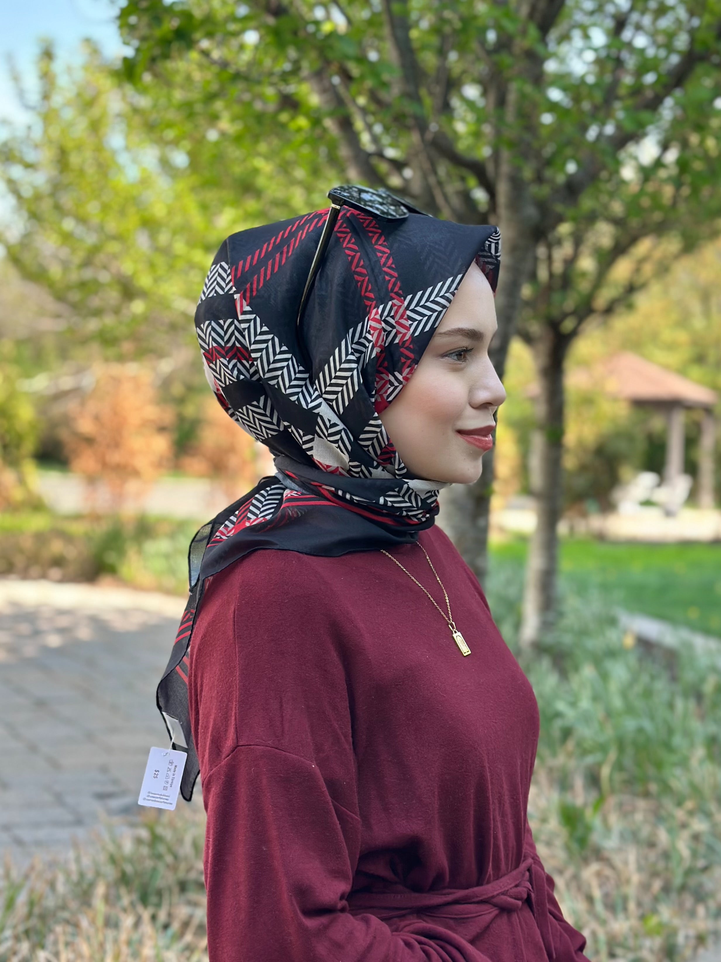 Plaid Square Scarf - Black Burgundy