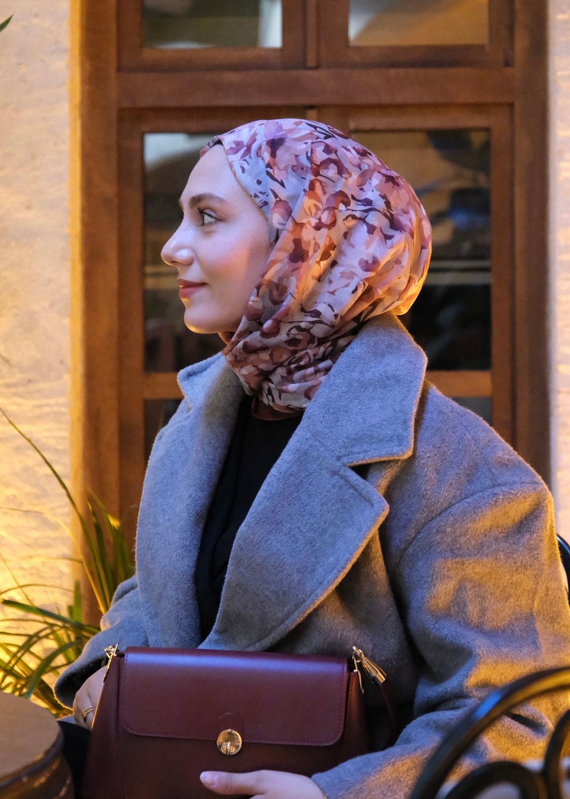 Garden Design Hijab - Burgundy Gray