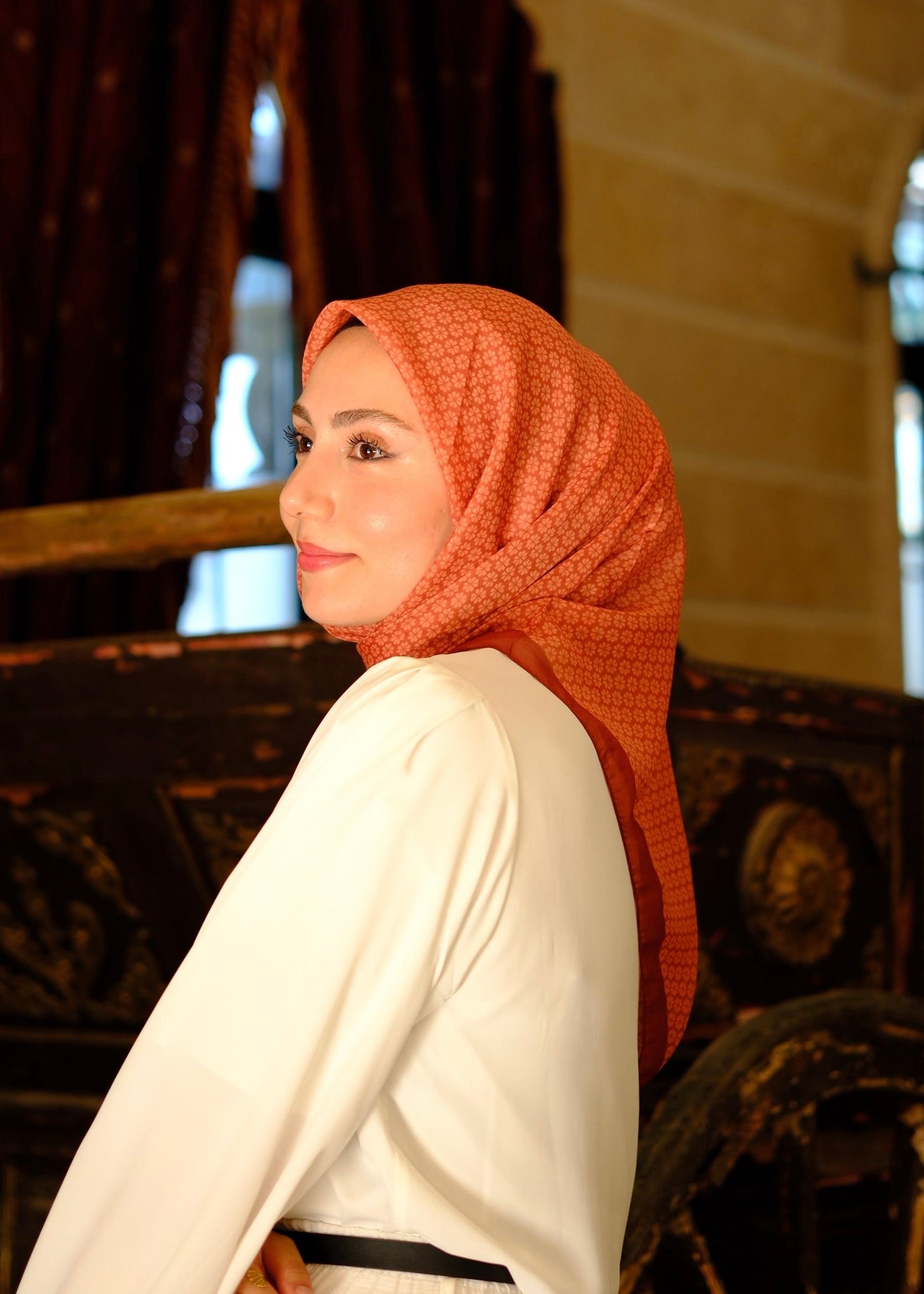 Clover Pattern Square Scarf - Terracotta