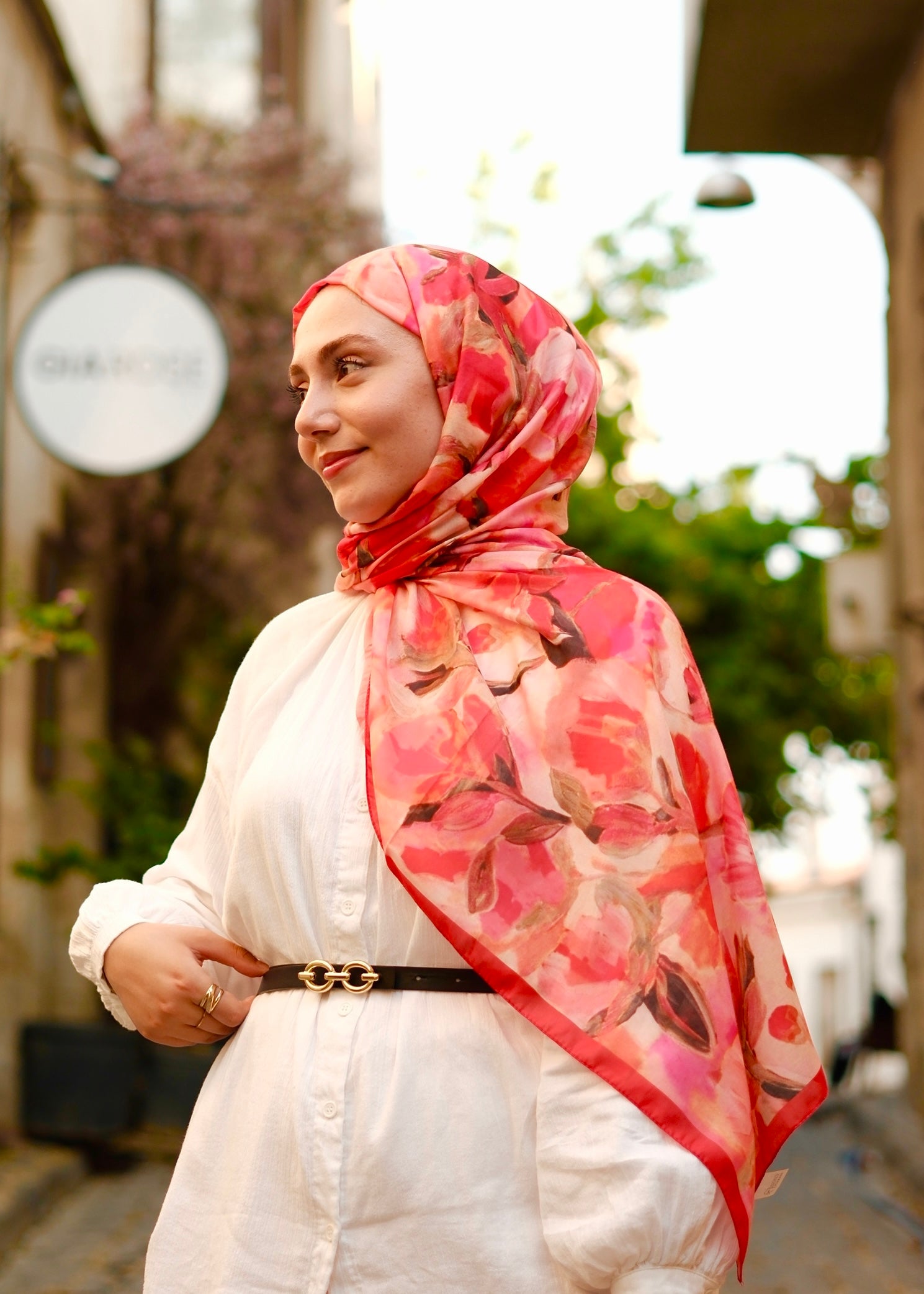 Floral Brush Hijab - Red