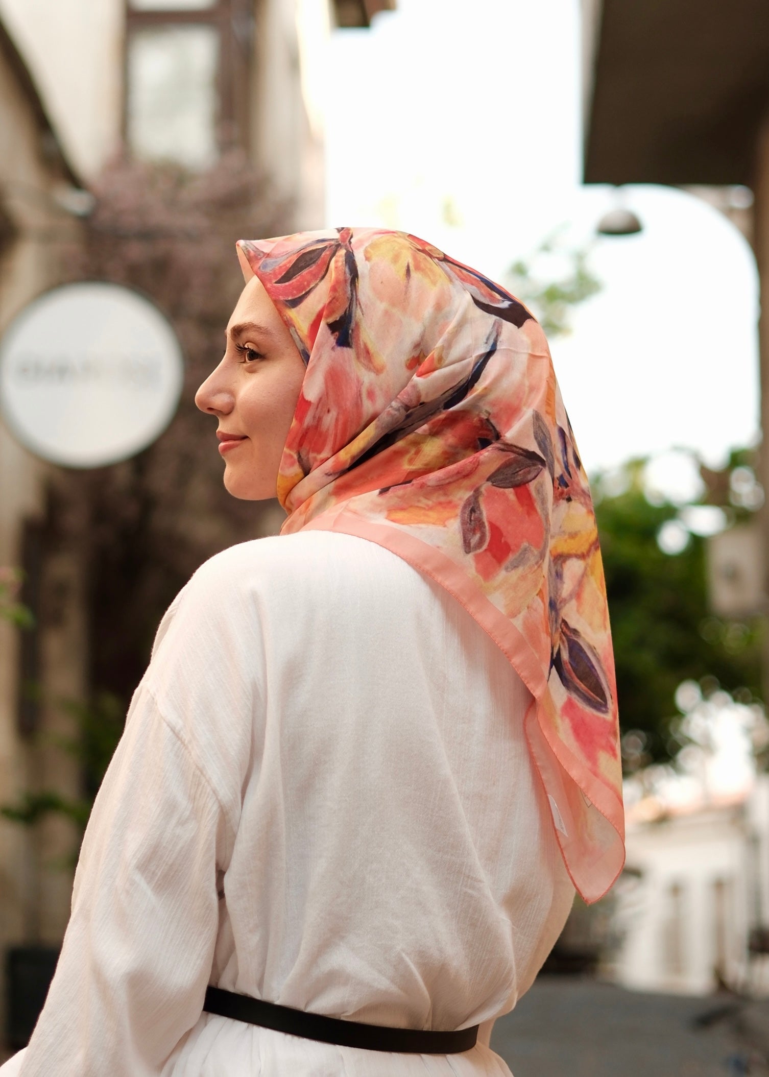 Floral Brush Square Scarf - Cantaloupe