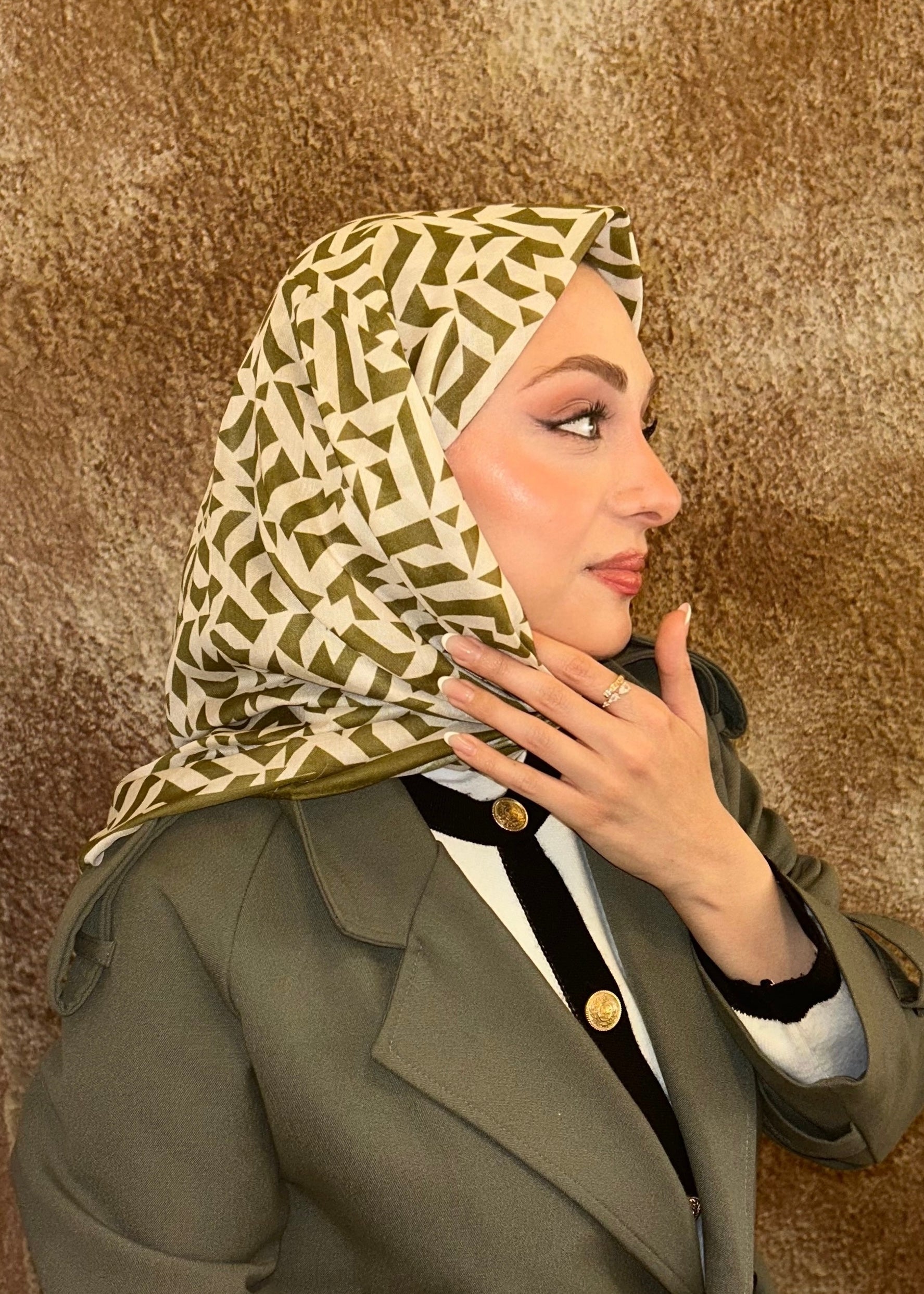 Geometric Aura Square Scarf - Olive Green
