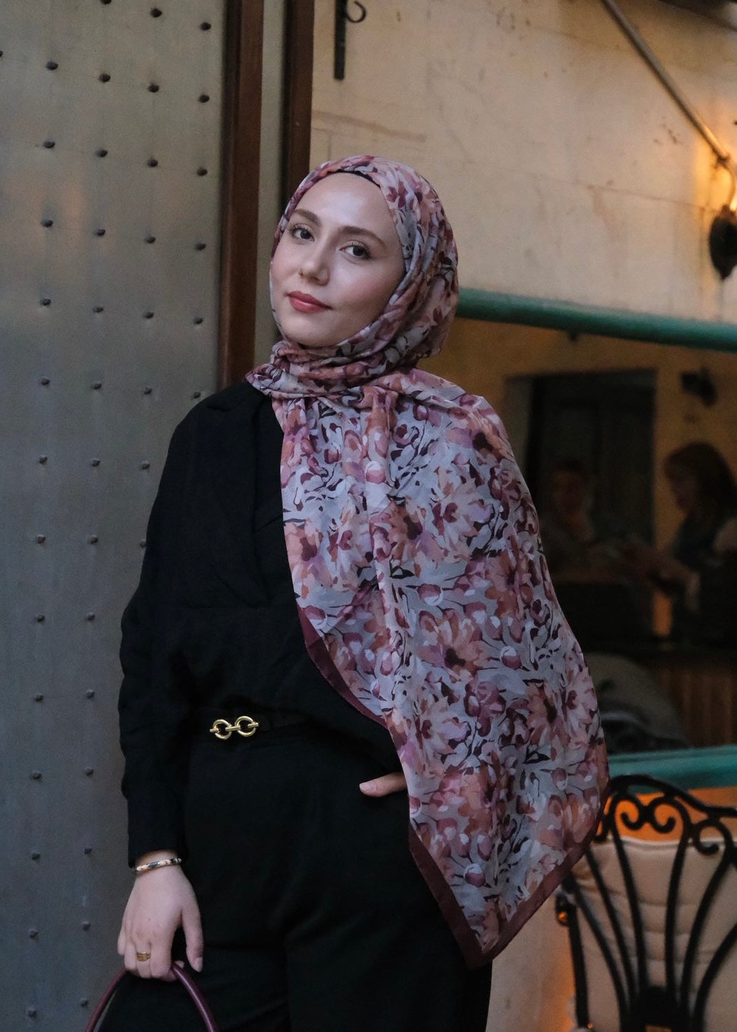 Garden Design Hijab - Burgundy Gray
