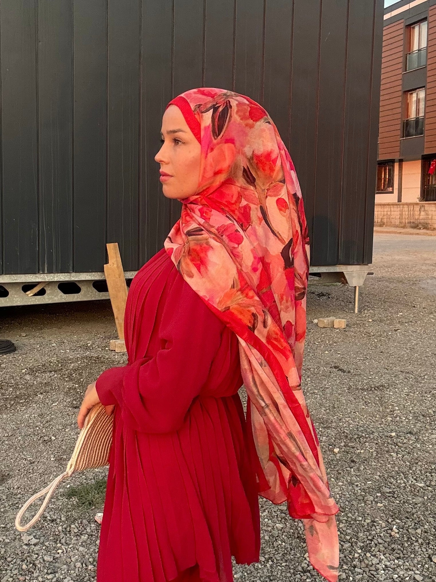 Floral Brush Hijab - Red
