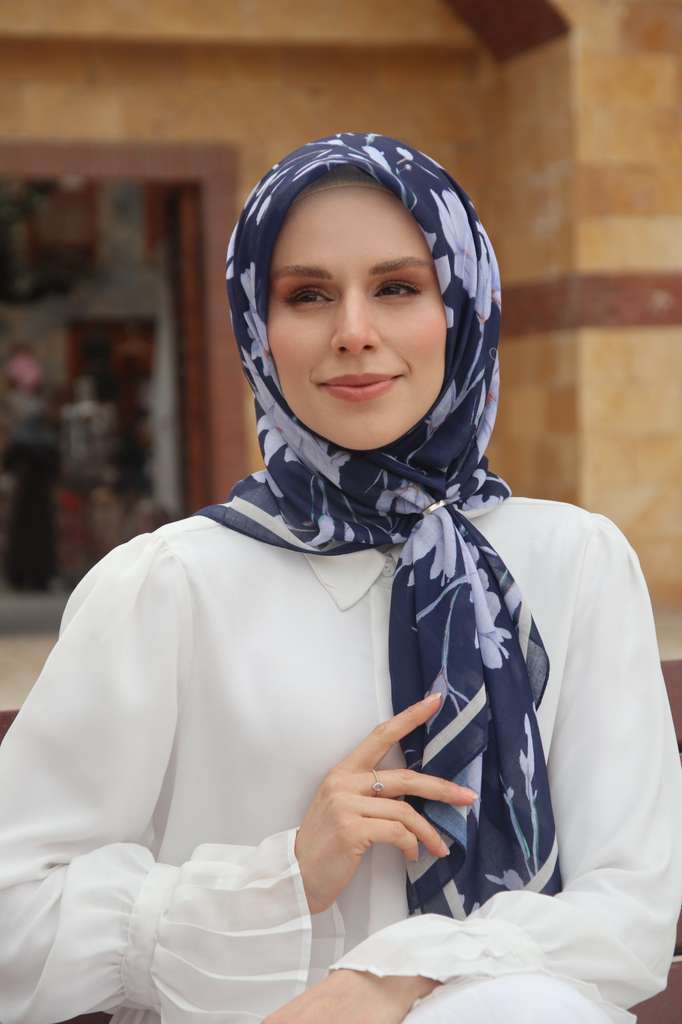 Silk Garden Square Scarf - Navy Blue
