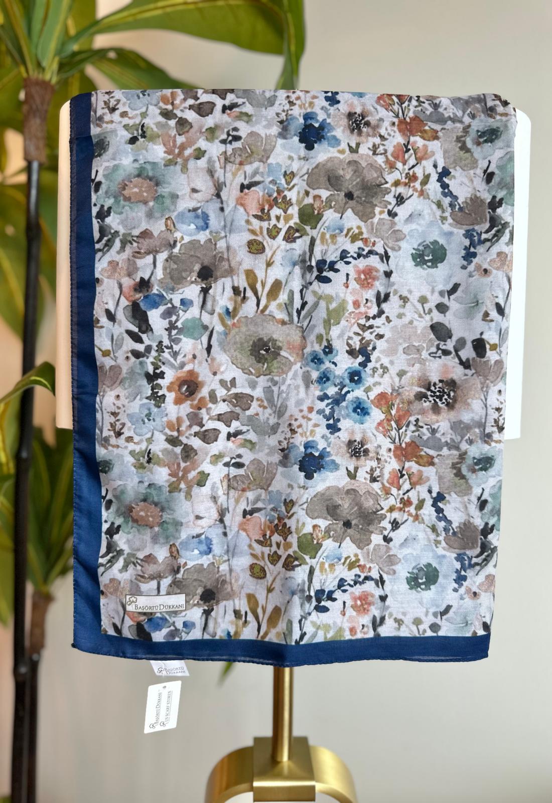 Watercolor Floral Square Scarf - Navy Blue