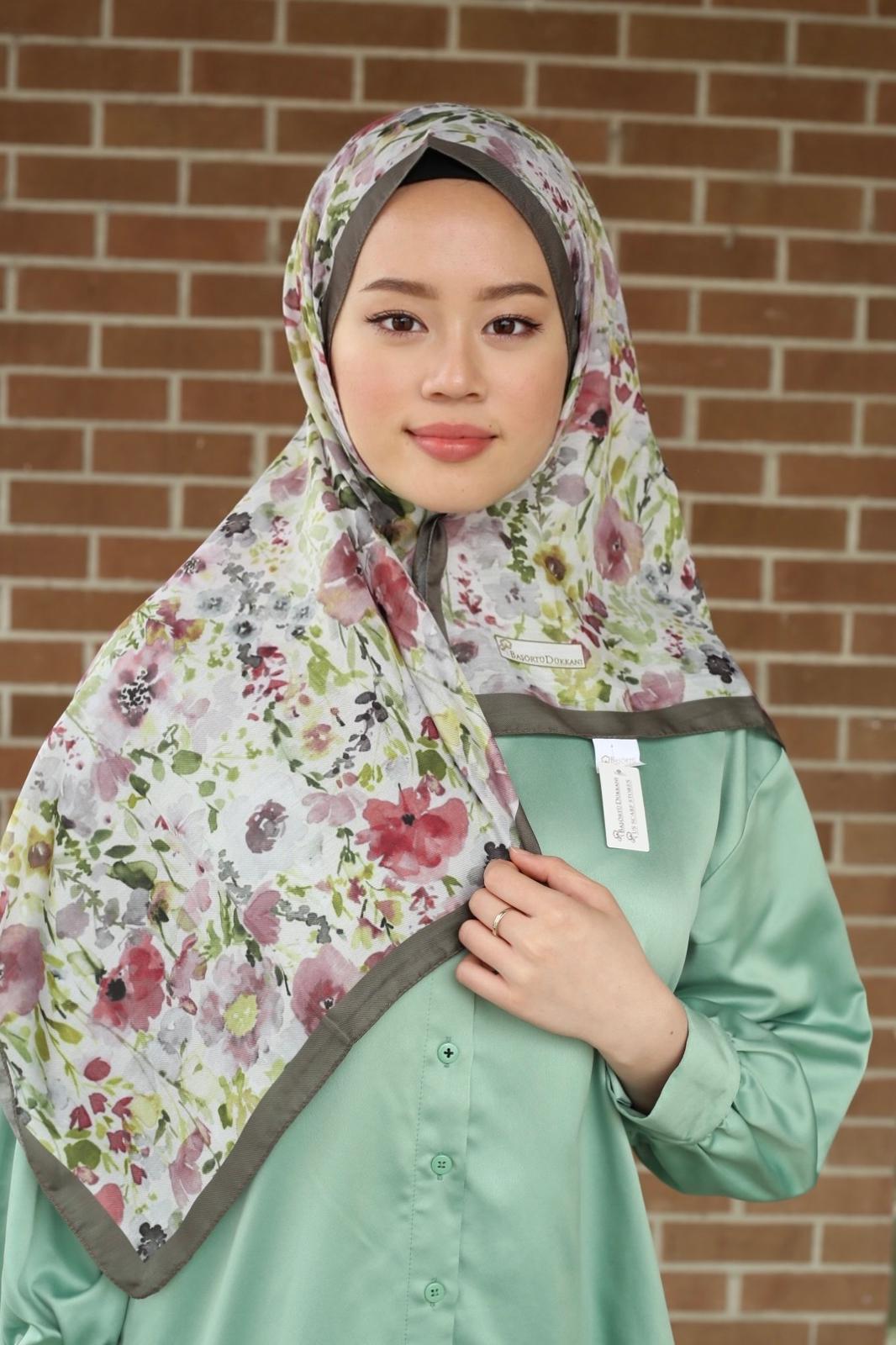 Watercolor Floral Square Scarf - Khaki