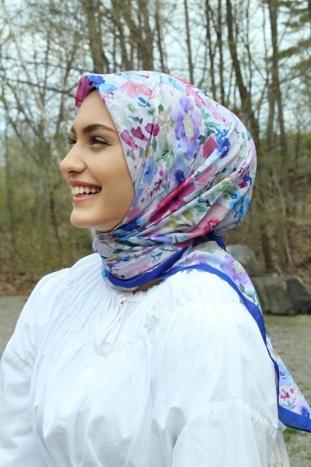 Watercolor Floral Square Scarf - Royal Blue