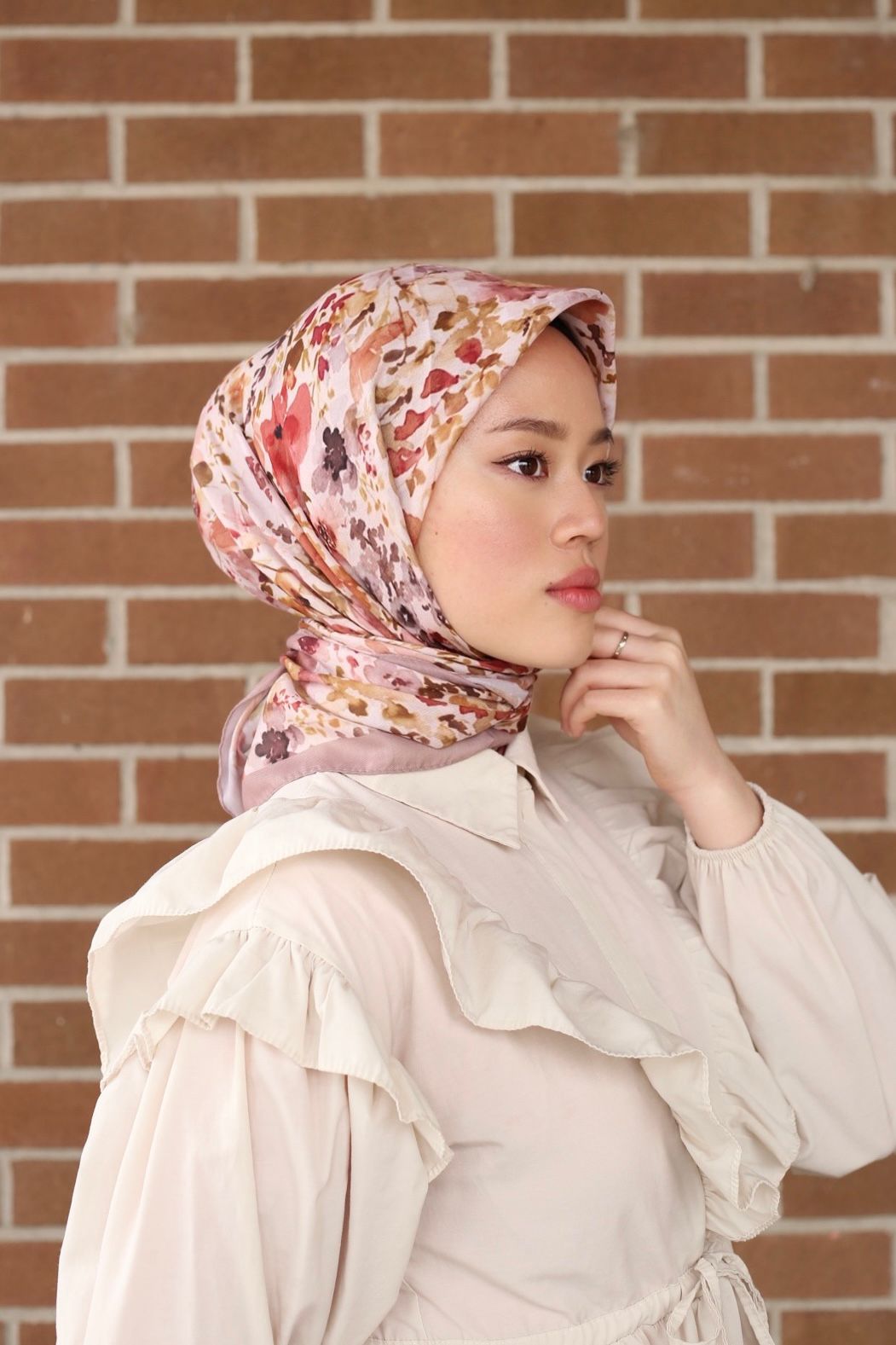 Watercolor Floral Square Scarf - Milky Brown